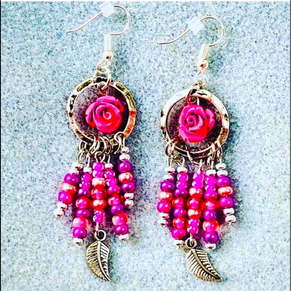 Boho Beaded Fringe Rose Earrings Dangle Pink